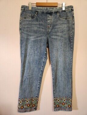 Tribal Jeans Pull-On Boho Embroidered Beaded Hem Denim Ankle Pants Blue Sz 14